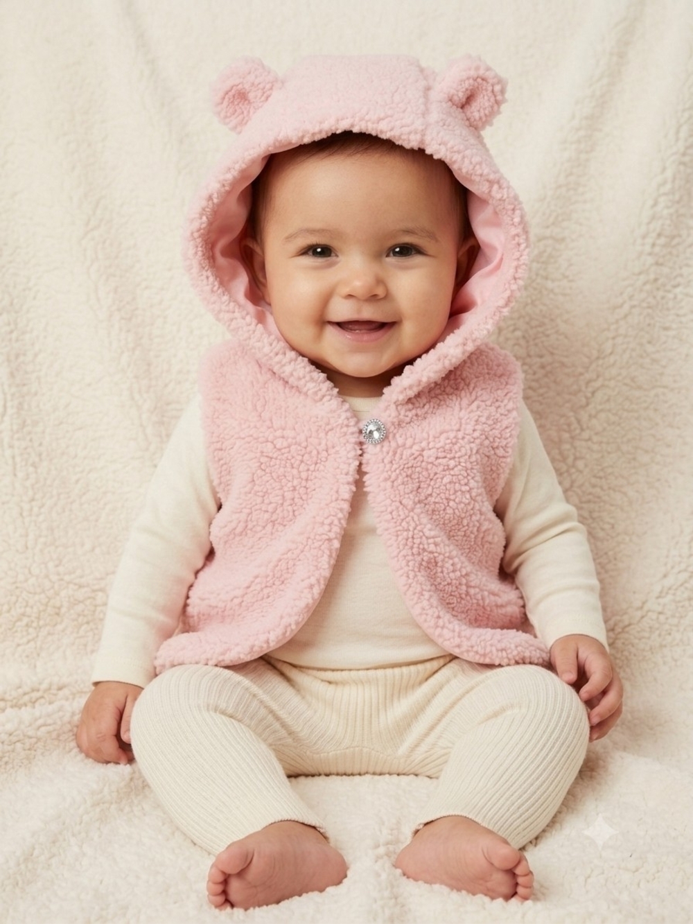 Little Lass Soft Pink Teddy Hooded Vest with Ear Accents   Size 6/9M. C9